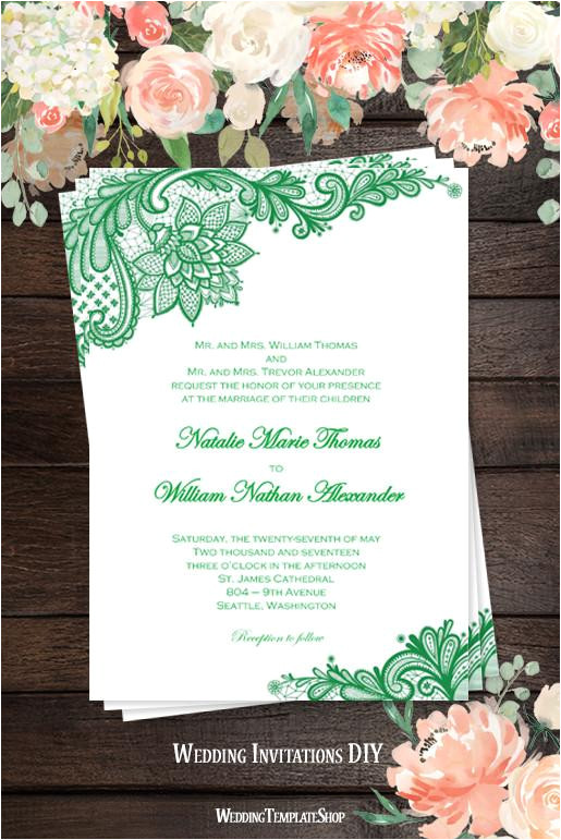 Emerald Green Wedding Invitation Template Vintage Lace Wedding Invitation Emerald Green Wedding