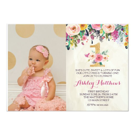 Example Of First Birthday Invitation Card 1st Birthday First Beautiful Floral Invitation Card Zazzle