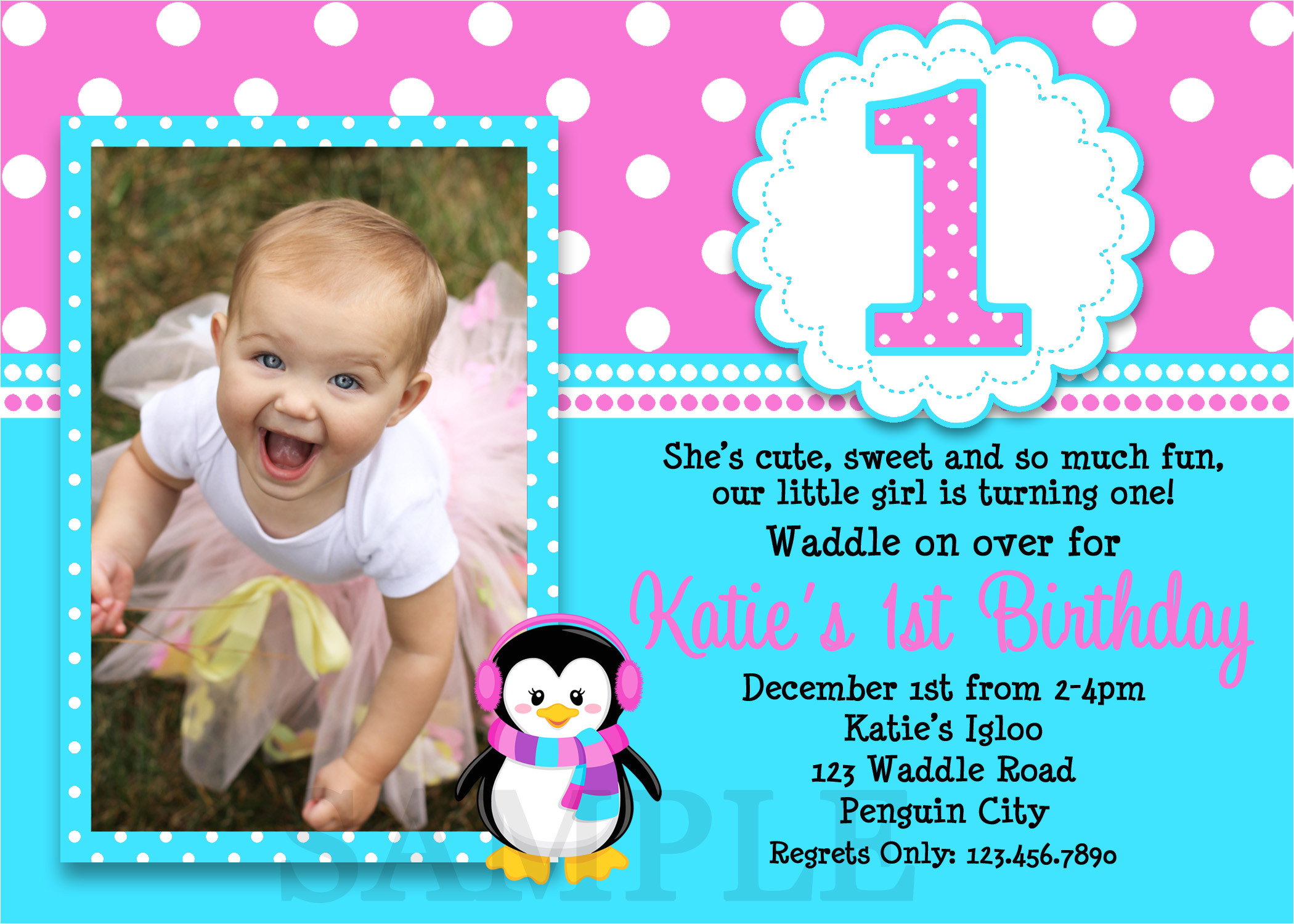 Example Of First Birthday Invitation Card Printable Birthday Invitations Girls Penguin Party
