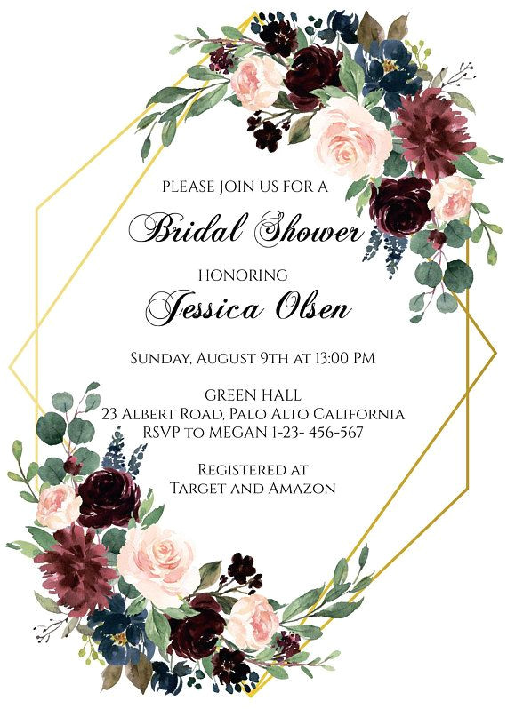 Floral Wedding Invitation Blank Template Burgundy and Navy Blue Bridal Shower Invitation Template
