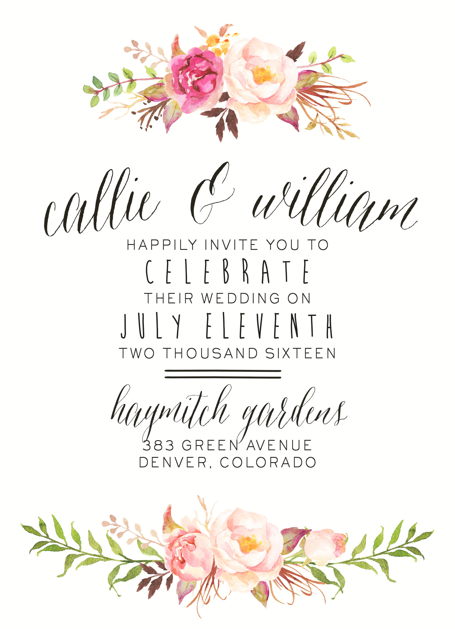 Floral Wedding Invitation Blank Template Watercolor Floral Wedding Invitation by Splashofsilver
