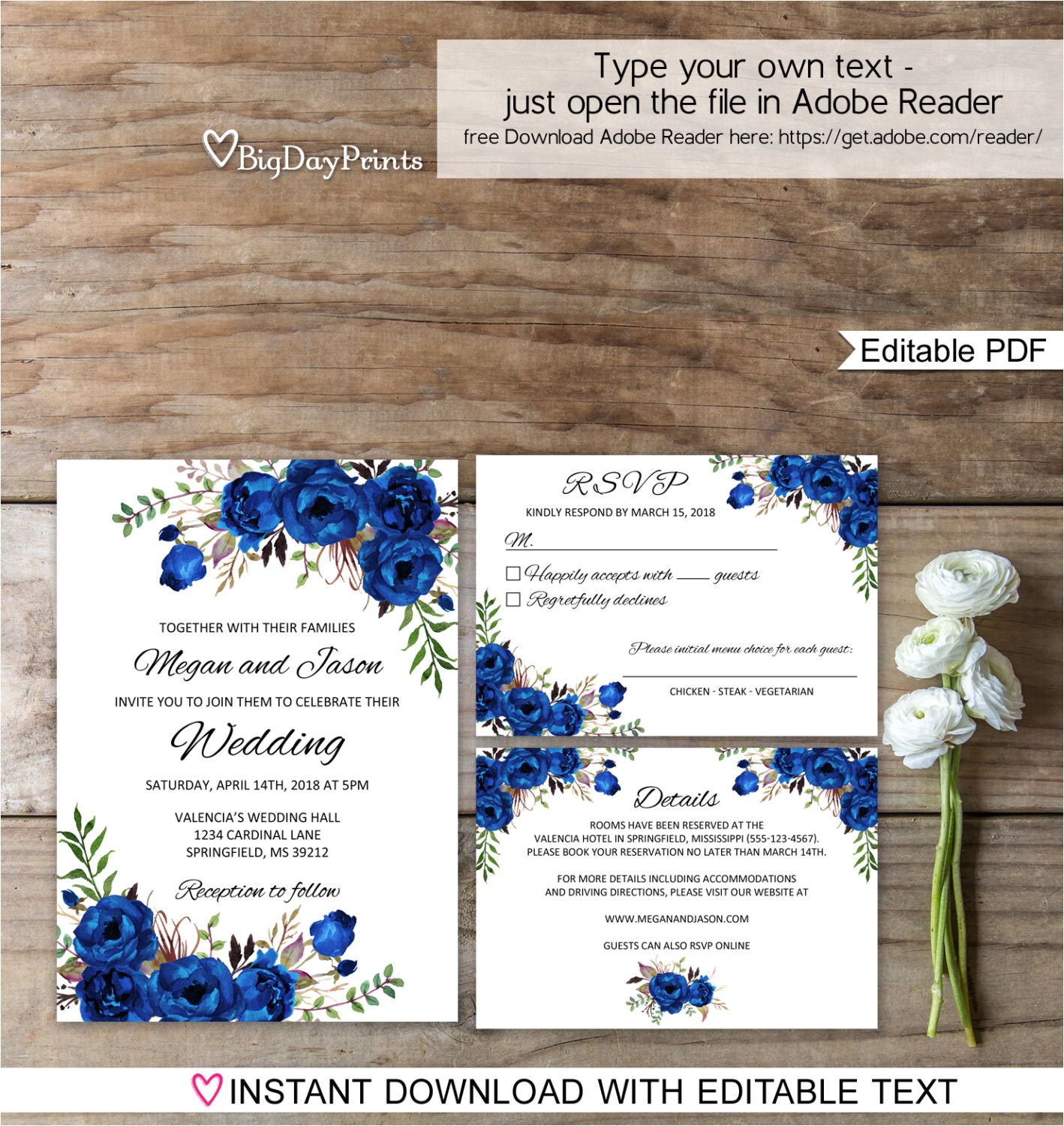 Free Royal Wedding Invitation Template Blue Wedding Invitation Template Royal Blue Wedding Etsy