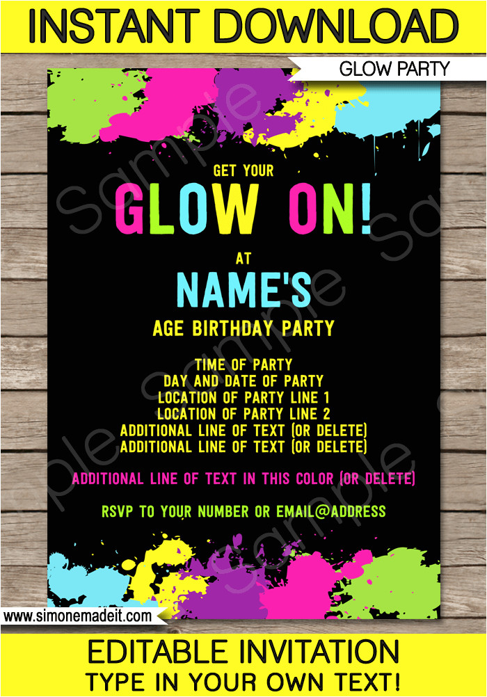 Glow In the Dark Party Invitation Template Free Neon Glow Party Invitations Template Editable and Printable