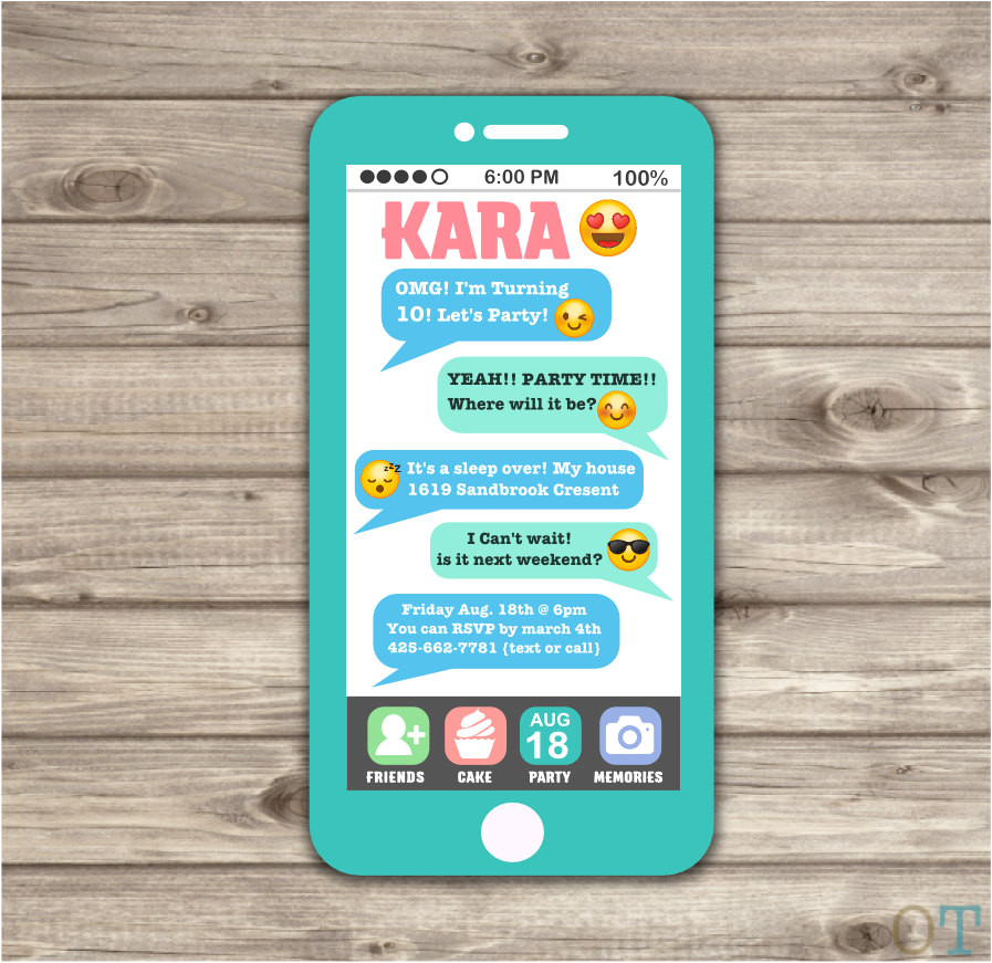 iPhone Party Invitation Template Cell Phone Emoji Sleep Over Teen Invitation Tween 12th