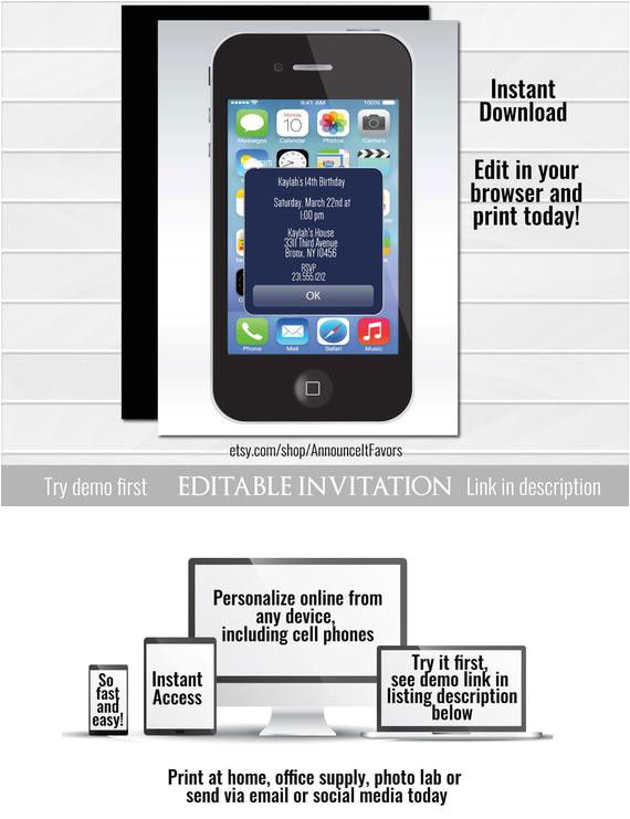 iPhone Party Invitation Template iPhone Alert Birthday Invitation Instant Download