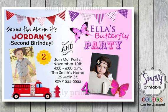 Joint Birthday Party Invitation Template Firetruck butterfly Joint Birthday Invitation for Boy and Girl