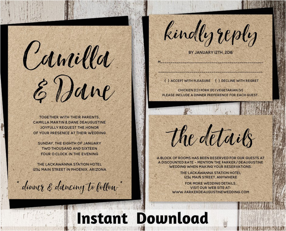 Kraft Wedding Invitation Template Wedding Invitation Template Rustic Brush Script
