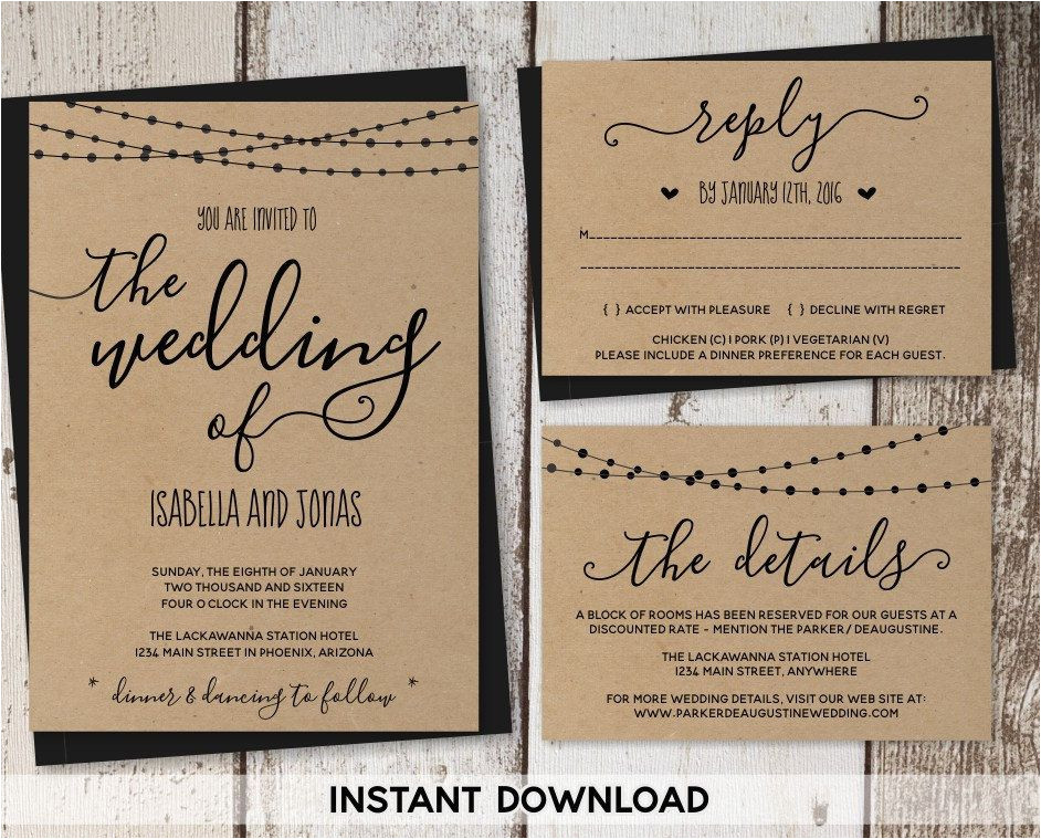 Kraft Wedding Invitation Template Wedding Invitation Template Rustic Printable Set