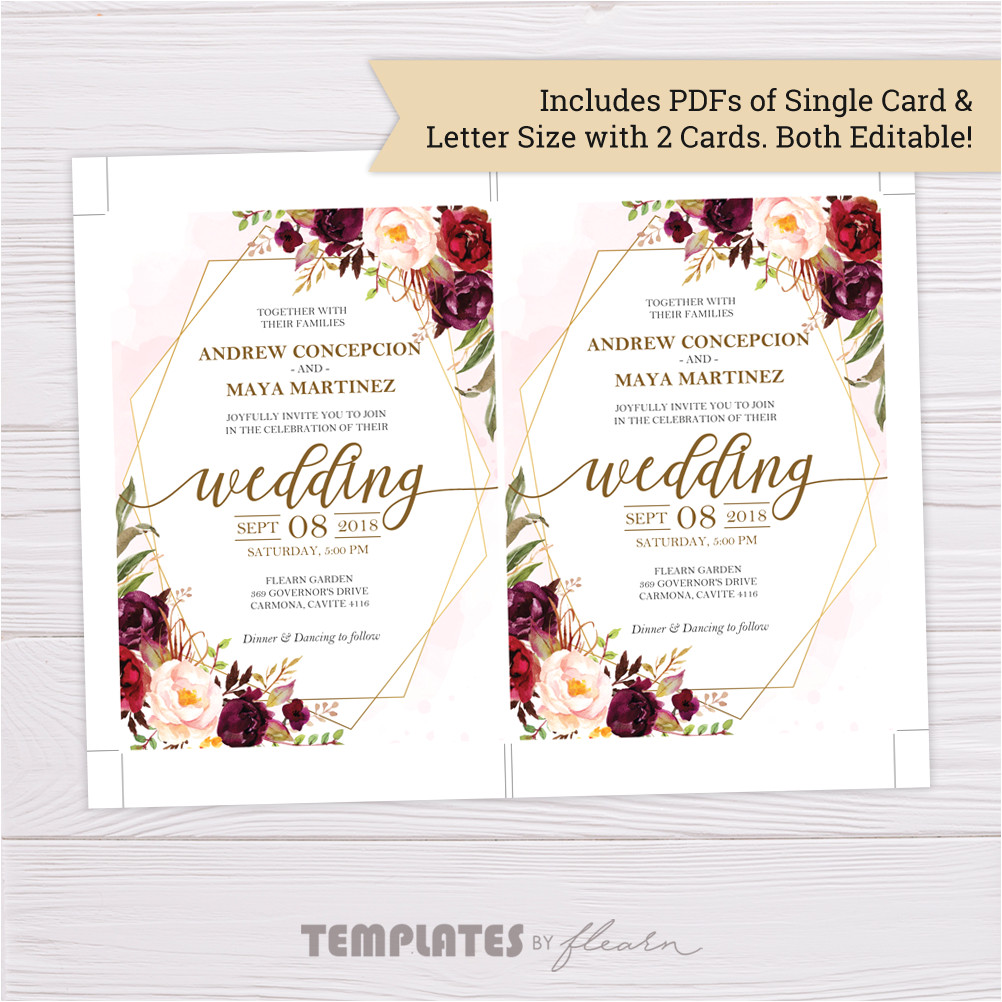 Marsala Wedding Invitation Template Marsala Flowers with Gold Frame Wedding Invitation Marsala Wedding Invitation Template Marsala Flowers with Gold Frame Wedding Invitation