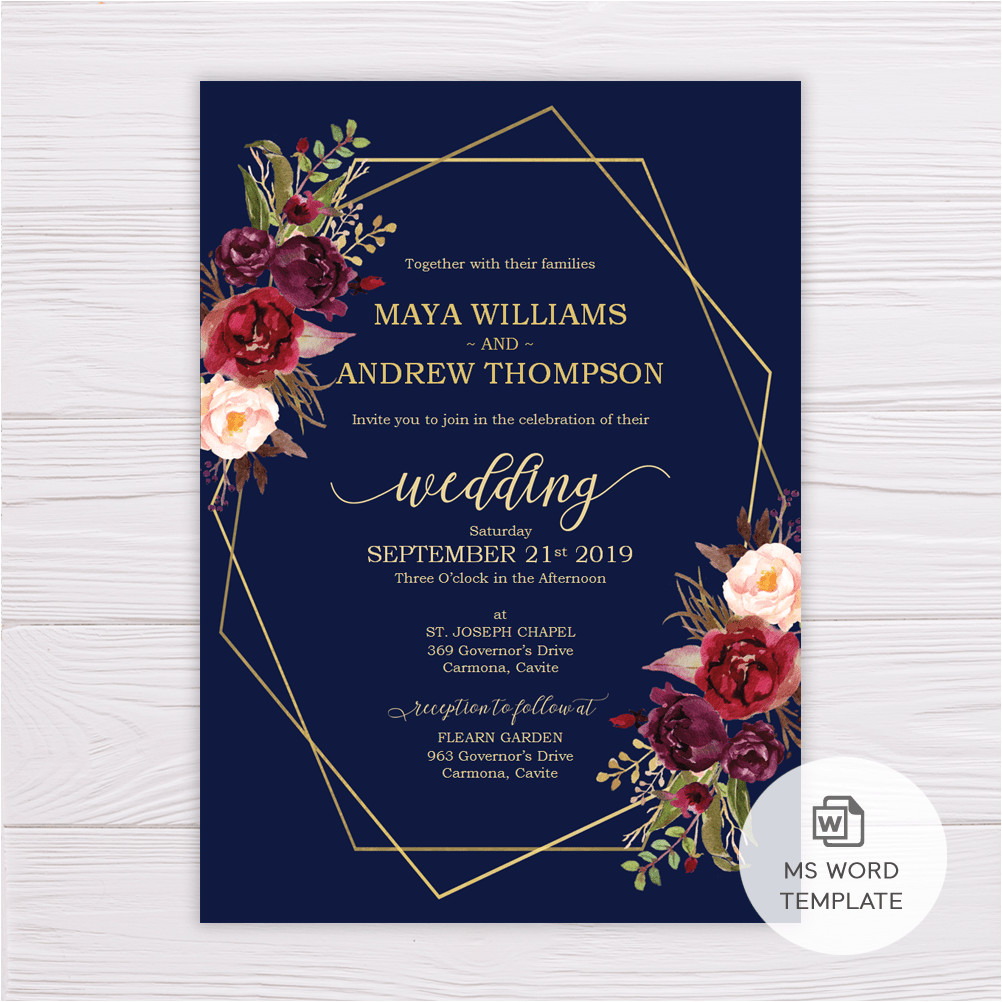 Marsala Wedding Invitation Template Navy Blue with Marsala Flowers Gold Frame Wedding Marsala Wedding Invitation Template Navy Blue with Marsala Flowers Gold Frame Wedding