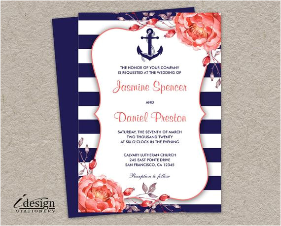 Nautical themed Wedding Invitation Template Nautical Wedding Invitation Printable Navy Blue and Coral