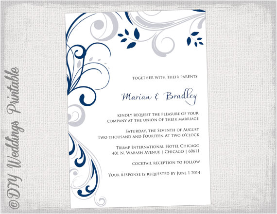 Navy Blue Wedding Invitation Template Printable Wedding Invitation Templates Silver Gray and