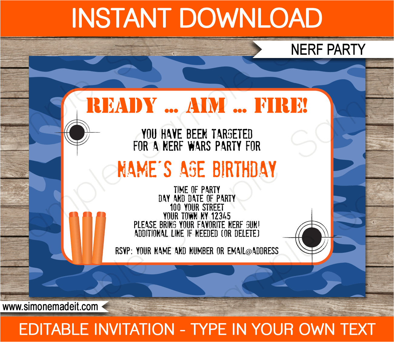 Nerf Birthday Invitation Template Nerf Printables Blue Camo Editable Birthday Party