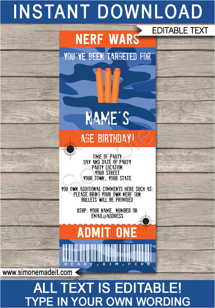 Nerf Party Invitation Template Nerf Party Ticket Invitation Template Nerf Wars Invite