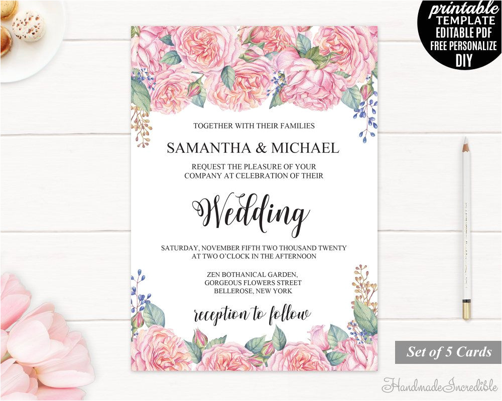 Old Rose Wedding Invitation Template Pink Peony Wedding Invitation Set Printable Floral