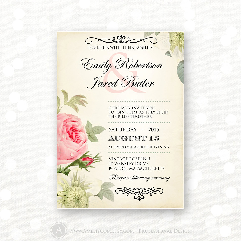 Old Rose Wedding Invitation Template Printable Wedding Invitation Pink Roses Vintage Weddings