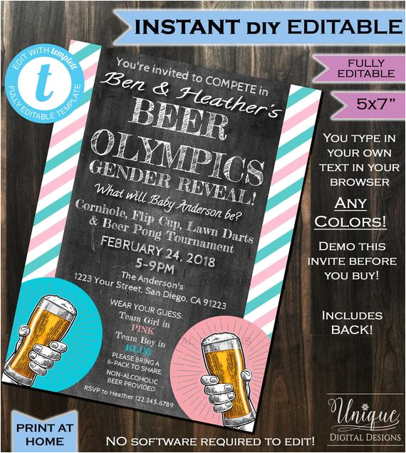 Olympic Party Invitation Template Beer Olympics Gender Reveal Invitation Baby Shower Invite Boy
