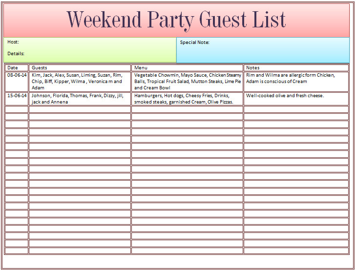 Party Invitation List Template Guest List Template for Wedding or Weekend Party