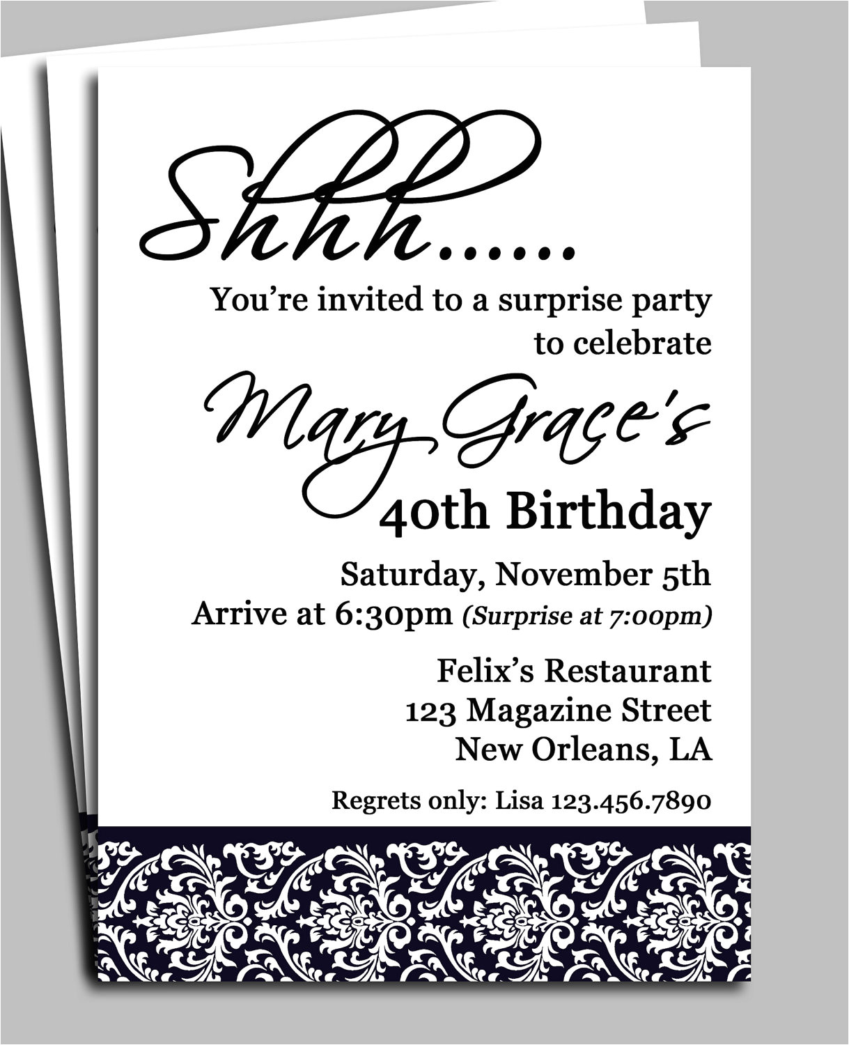 Party Invitation Message Template Black Damask Surprise Party Invitation Printable or Printed