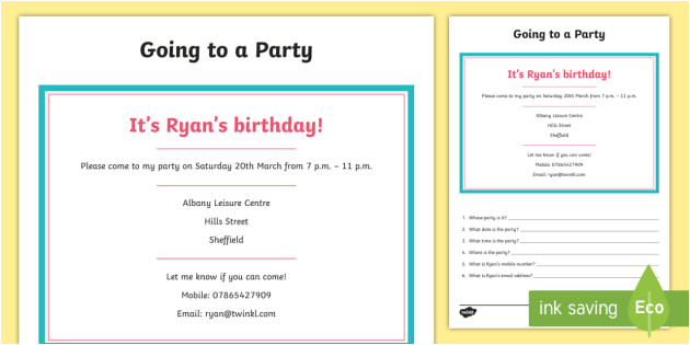 Party Invitation Template Twinkl Entry Level 1 Reading Comprehension Party Invitation
