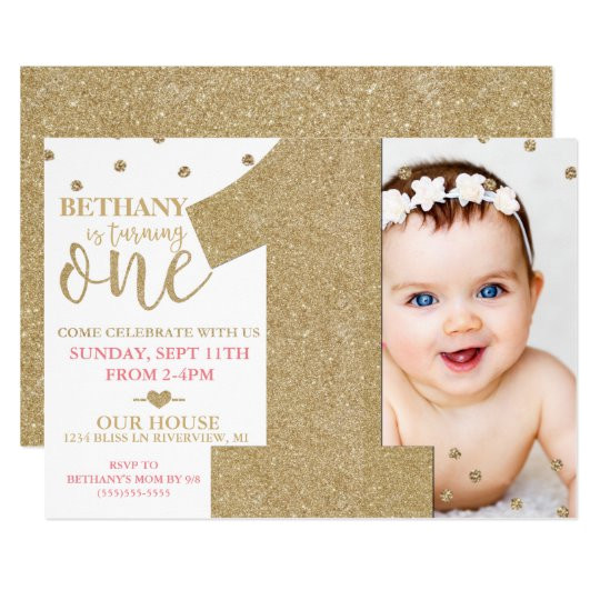 Party Invitation Template Year 1 First Birthday Faux Gold Glitter Pink Invitation