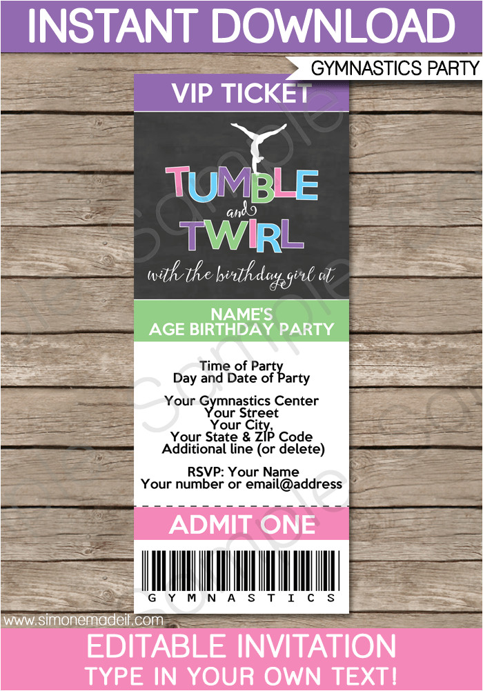 Party Invitation Ticket Template Gymnastics Party Ticket Invitations Birthday Party