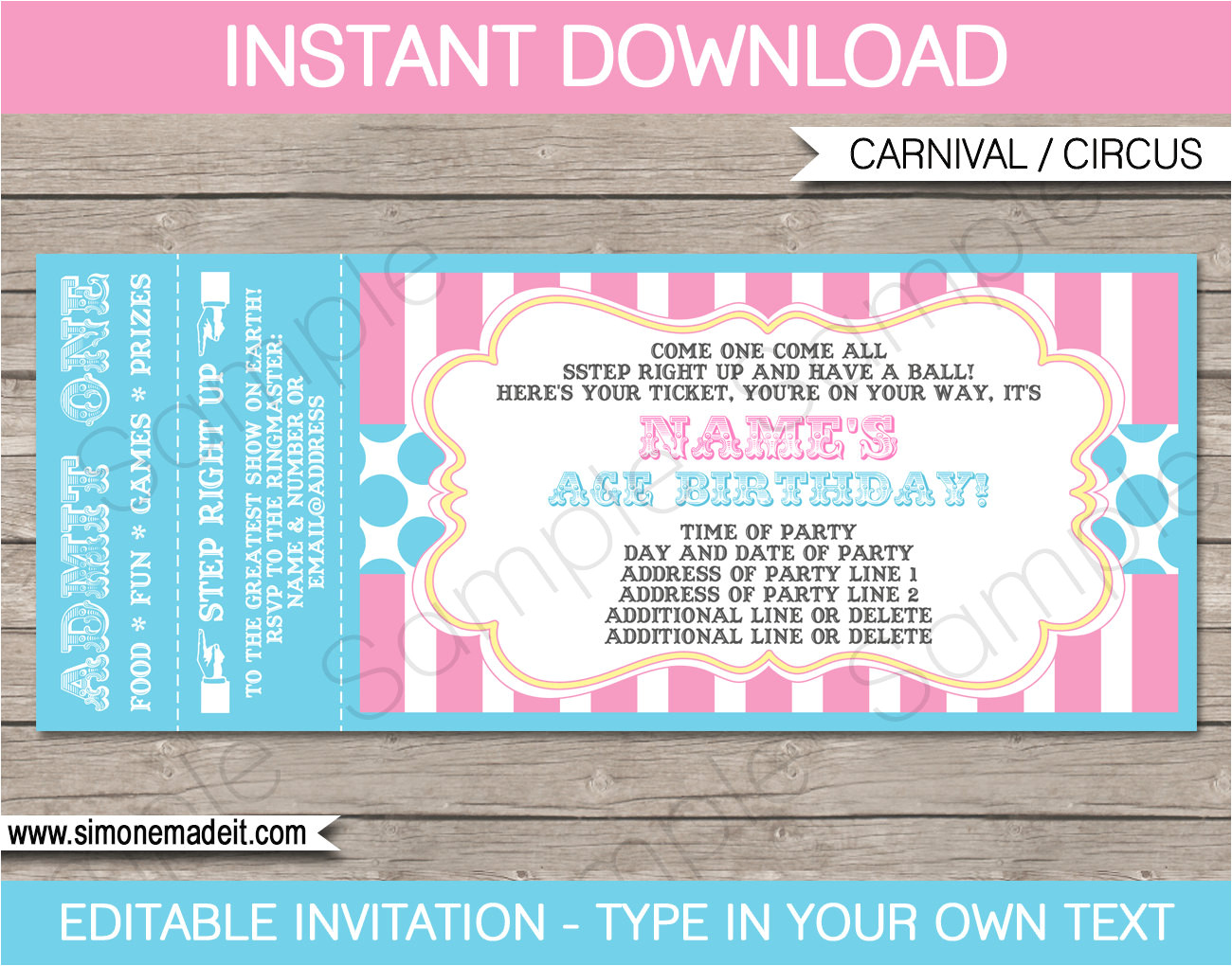 Party Invitation Ticket Template Pink Circus Party Ticket Invitation Template Circus Party