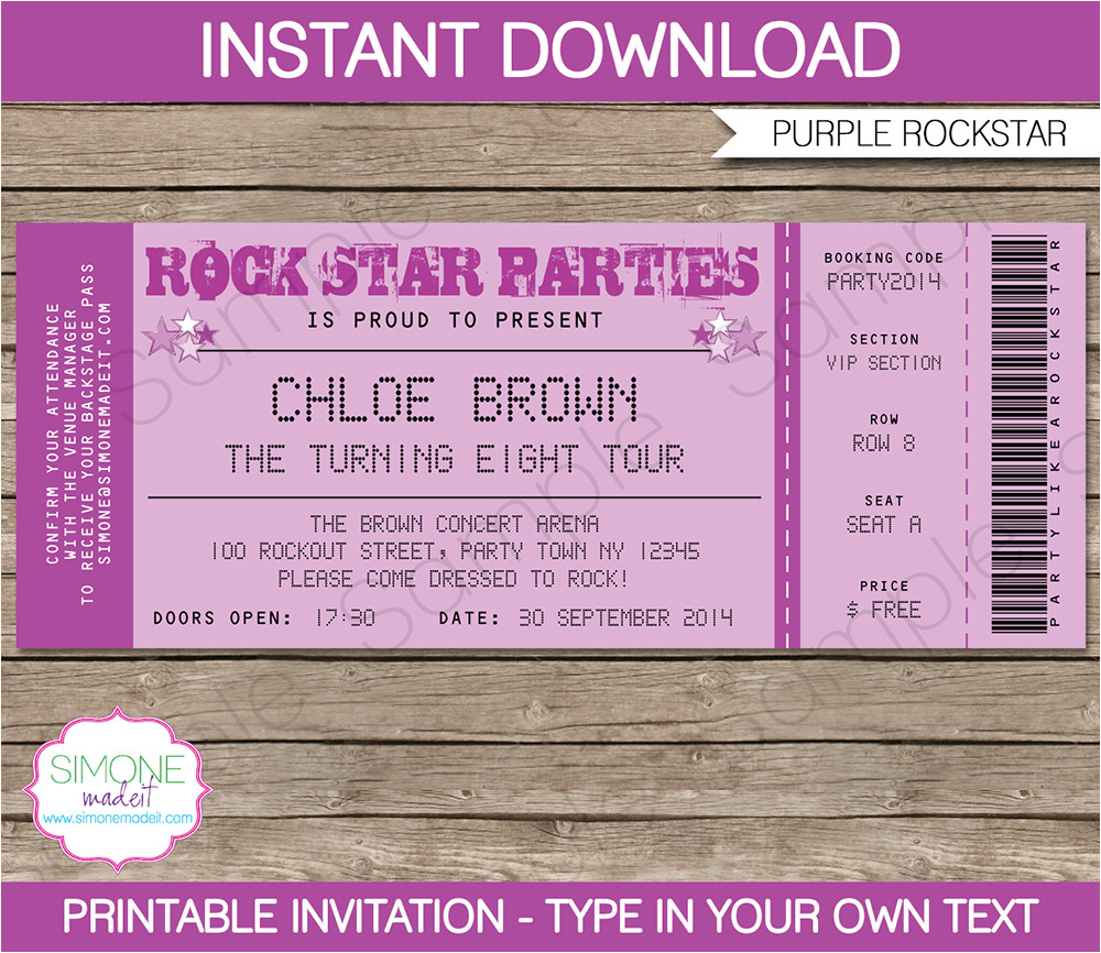 Party Invitation Ticket Template Rock Star Party Ticket Invitations Template Purple