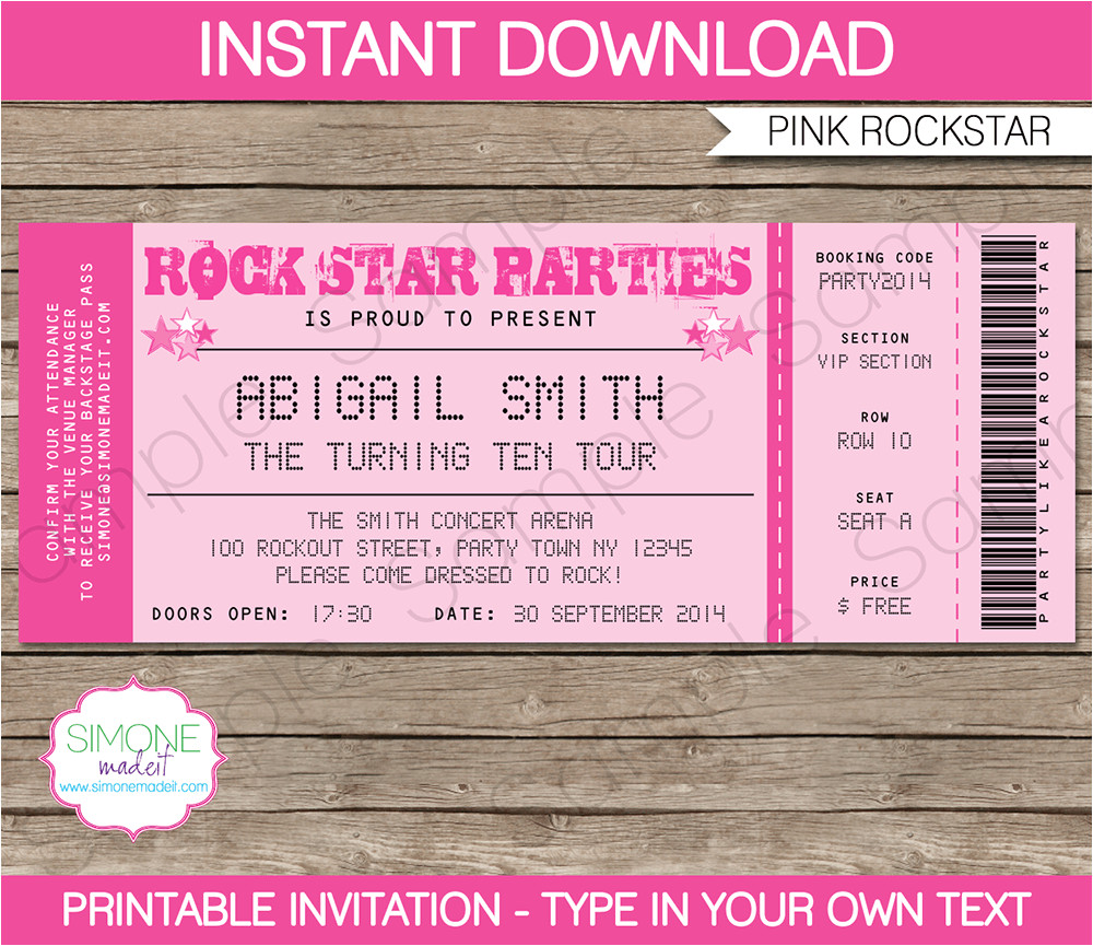 Party Invitation Ticket Template Rockstar Birthday Party Ticket Invitations Template Pink