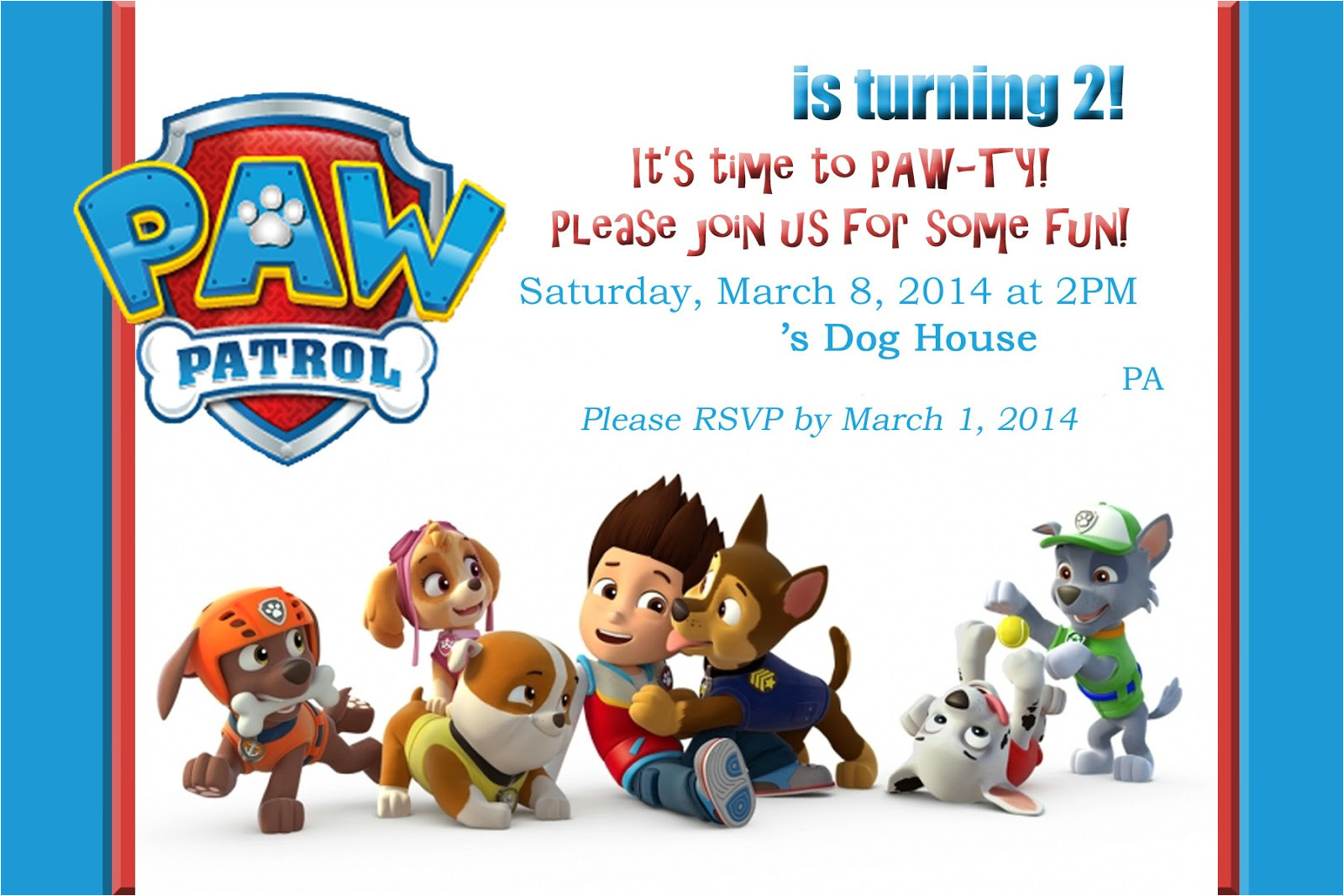 Paw Patrol Party Invitation Template Mom 39 S tot School Paw Patrol Puppy Party