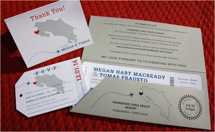 Plane Ticket Wedding Invitation Template Red Blue Gray Costa Rica Map Dotted Plane Airline