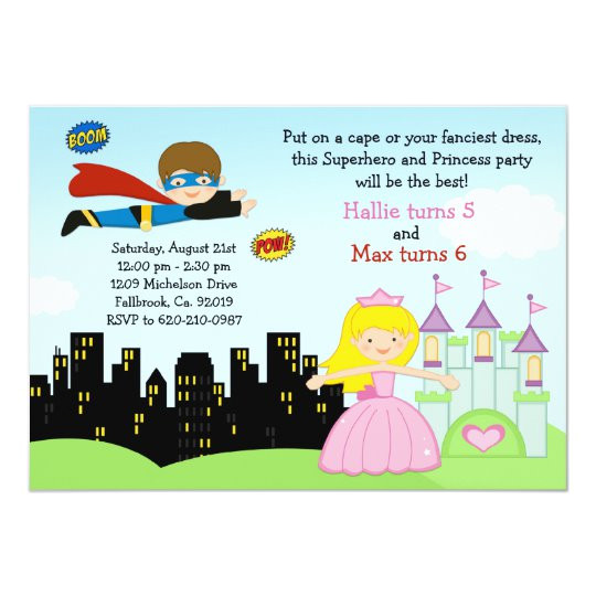 Princess and Superhero Party Invitation Template Superhero and Princess Birthday Party Invitation Zazzle Com