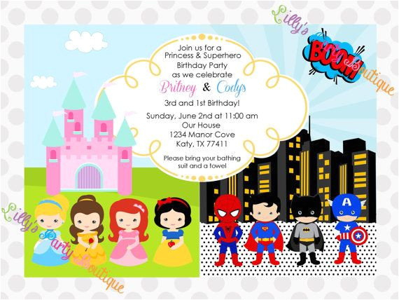 Princess and Superhero Party Invitation Template the Princess and the Superheroes are Next to Each Other In