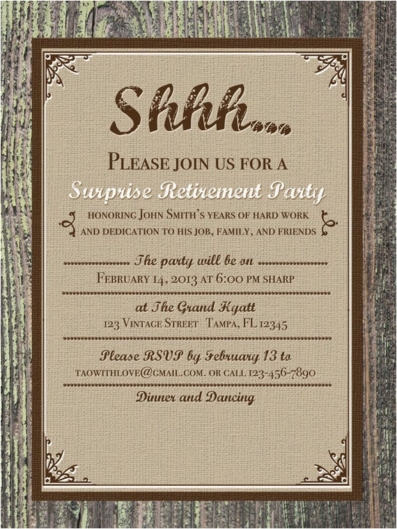Retirement Party Invitation Letter Template Printable Burlap Vintage Invitation Retirement Birthday or