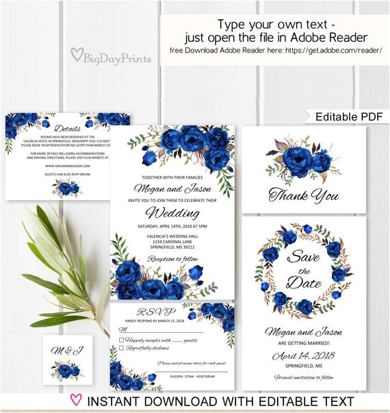 Royal Blue Wedding Invitation Template Blue Wedding Invitation Template Royal Blue Wedding Etsy