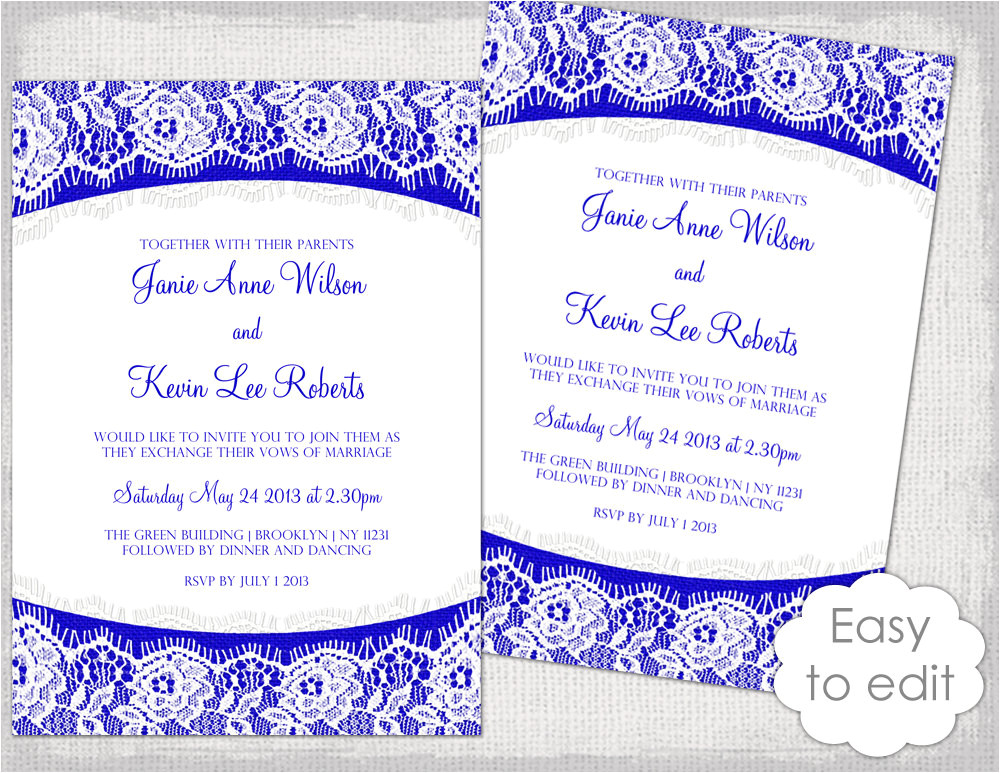 Royal Blue Wedding Invitation Template Lace Wedding Invitation Template Royal Blue Linen