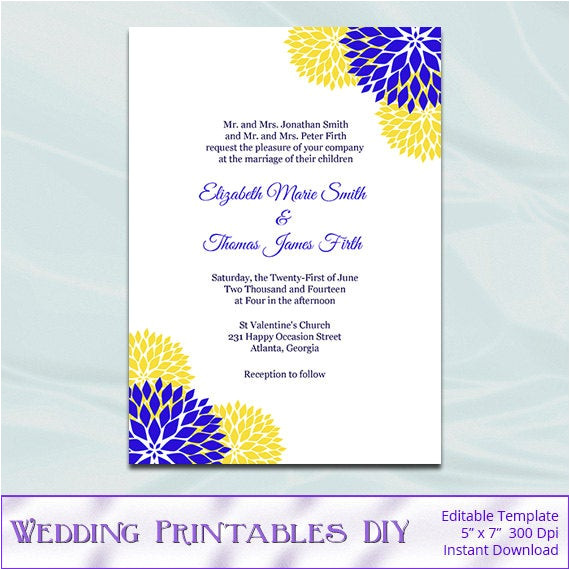 Royal Wedding Party Invitation Template Royal Blue and Yellow Wedding Invitation Template Printable