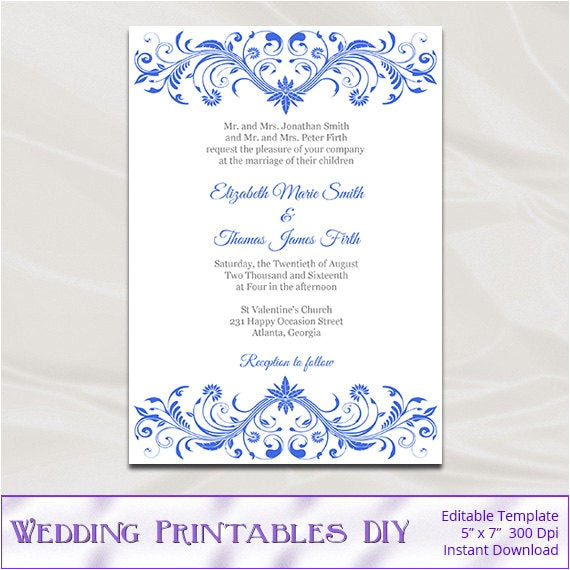 Royal Wedding Party Invitation Template Royal Blue Wedding Invitation Template Diy Printable Birthday