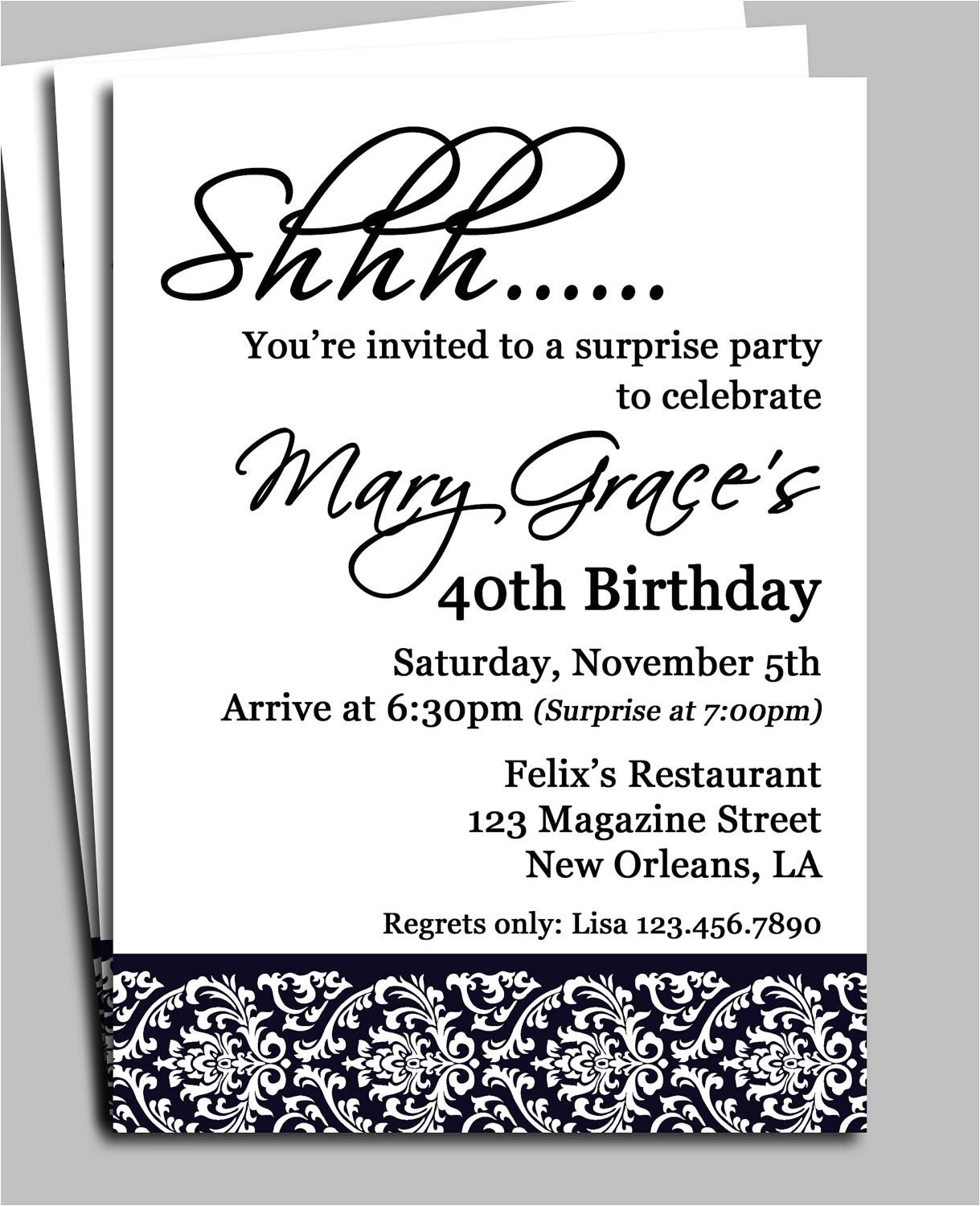 Surprise Party Invitation Template Black Damask Surprise Party Invitation Printable or Printed