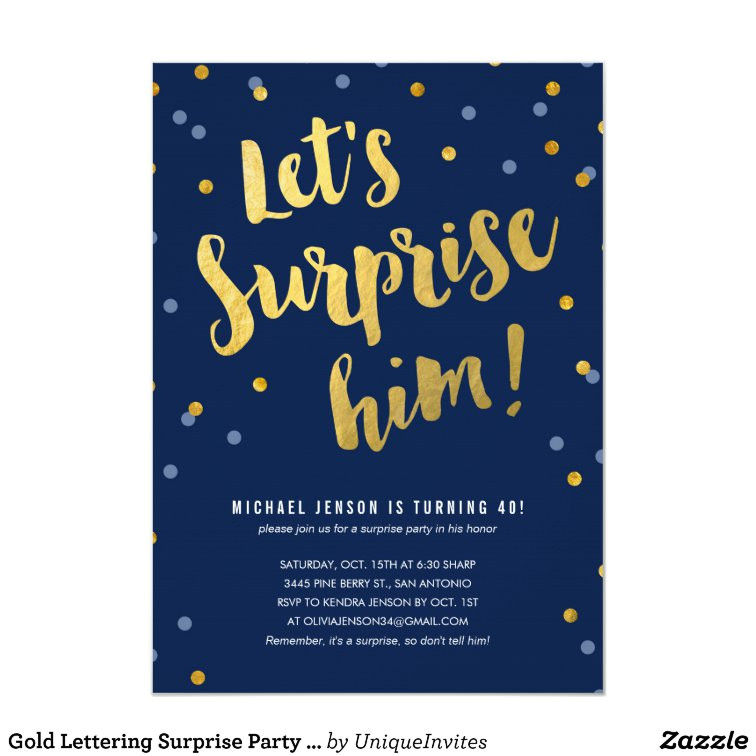 Surprise Party Invitation Template Gold Lettering Surprise Party Invitations for Him Zazzle