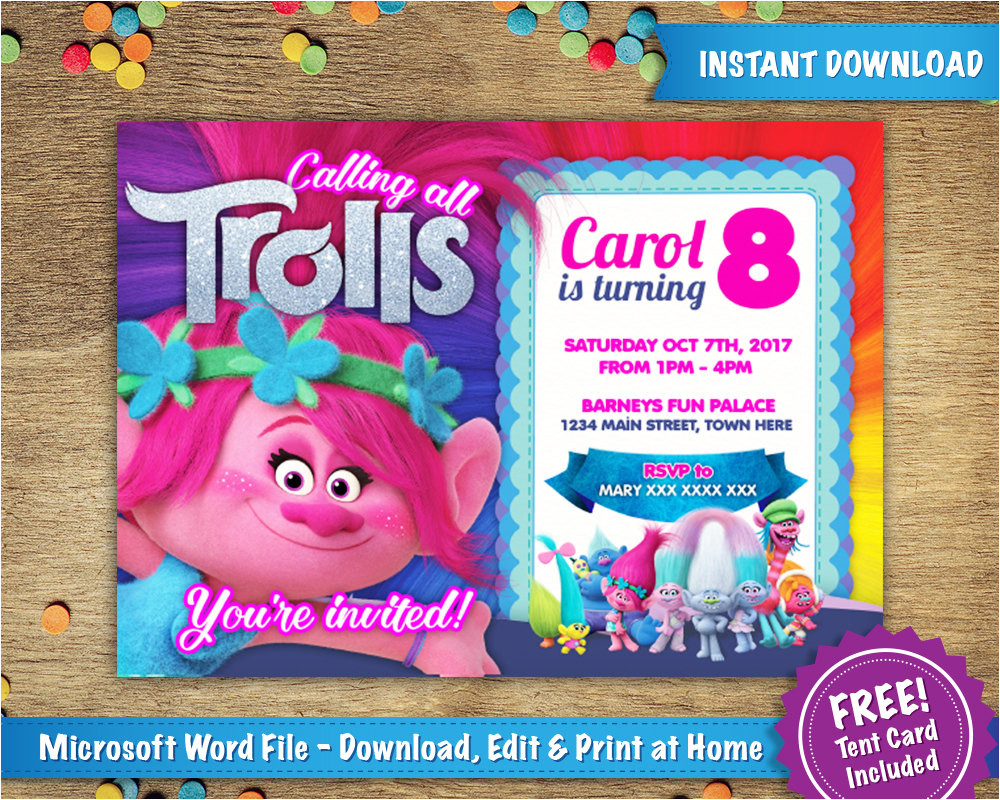 Trolls Birthday Invitation Template Diy Printable 5×7 Trolls Poppy Birthday Party Invitation