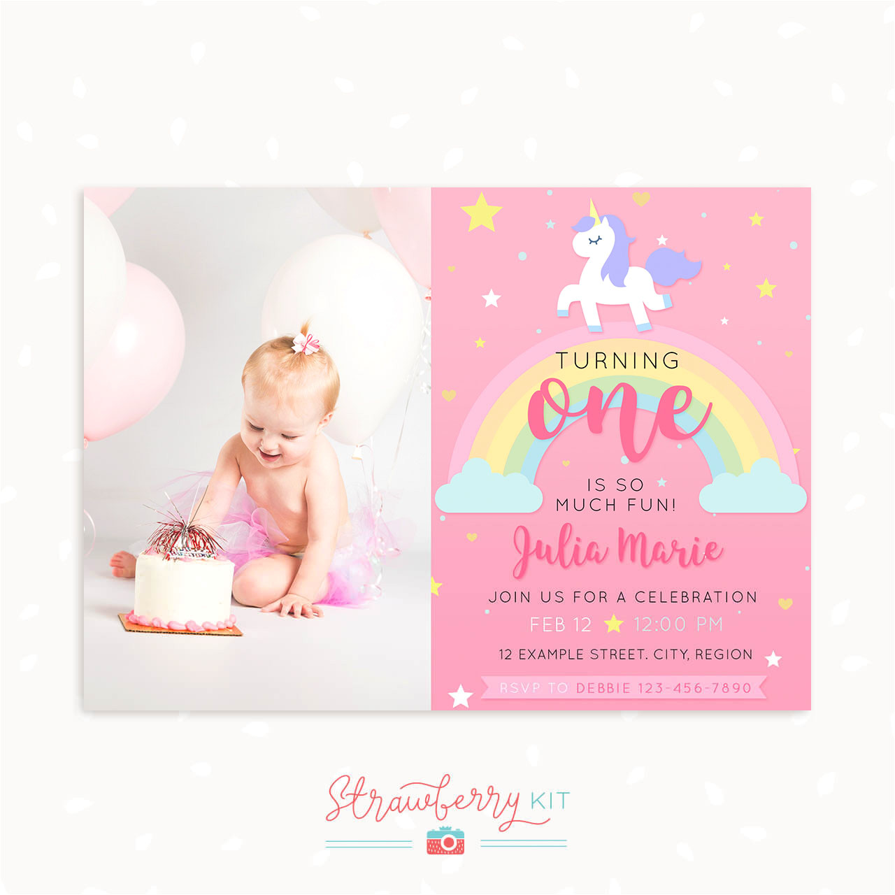 Unicorn 1st Birthday Invitation Template Unicorn First Birthday Invitation Template with Photo