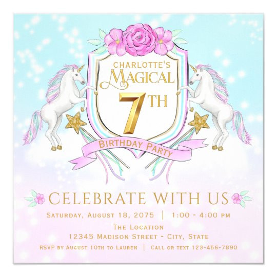 Unicorn 7th Birthday Invitation Template Girls Unicorn 7th Birthday Party Invitations Zazzle Com