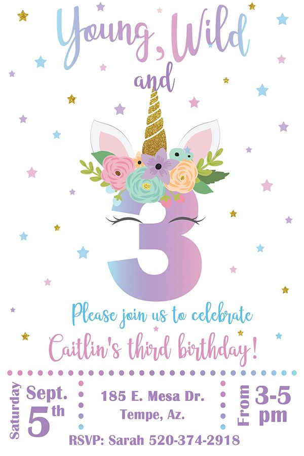 Unicorn theme Birthday Invitation Template Free Unicorn Invitation Young Wild and Three Invitation