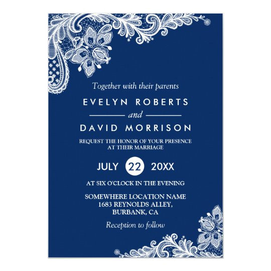 Wedding Invitation Layout Navy Blue Elegant Lace Navy Blue White formal Wedding Invitation