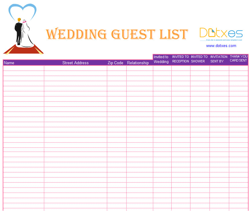 Wedding Invitation List Template Blank Wedding Guest List Template Dotxes