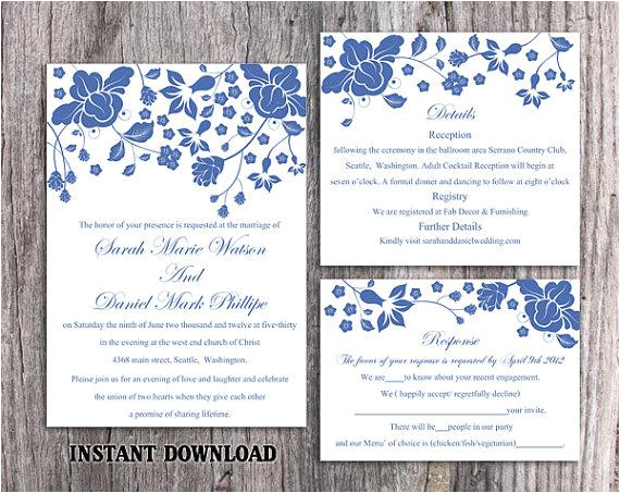 Wedding Invitation Template Navy Blue Diy Wedding Invitation Template Set Editable Word File