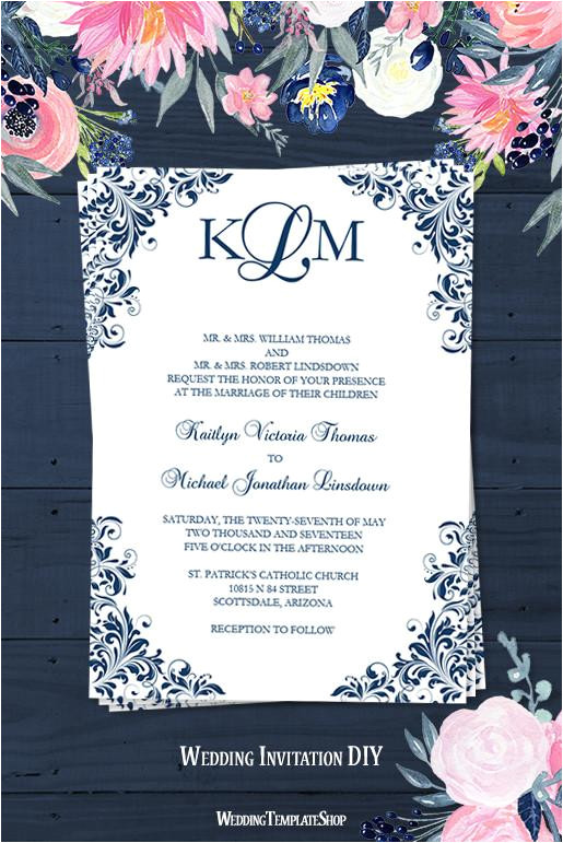 Wedding Invitation Template Navy Blue Kaitlyn Wedding Invitation Navy Blue Wedding Template Shop