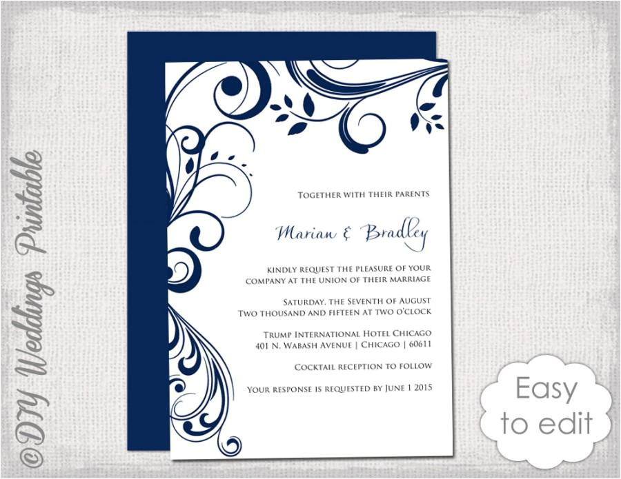 Wedding Invitation Template Navy Blue Navy Wedding Invitation Template Quot Scroll Quot Printable
