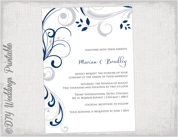 Wedding Invitation Template Navy Blue Printable Wedding Invitation Templates Silver Gray and